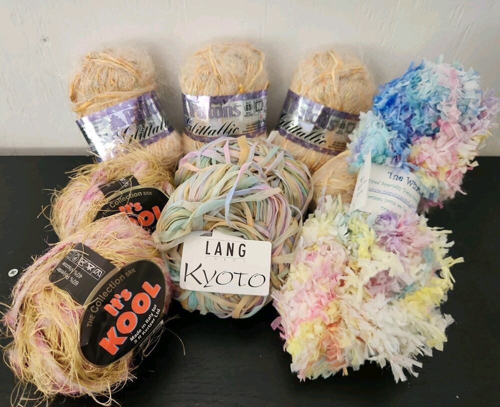 Mixed Yarn Lot Novelty Ribbon Boucle Fuzzy Patons Metallic Lang Kyoto Pastel Mix
